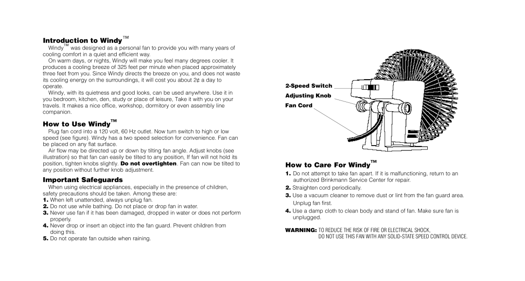 Brinkmann Personal Fan warranty Introduction to Windy, How to Use Windy, Important Safeguards, How to Care For Windy 