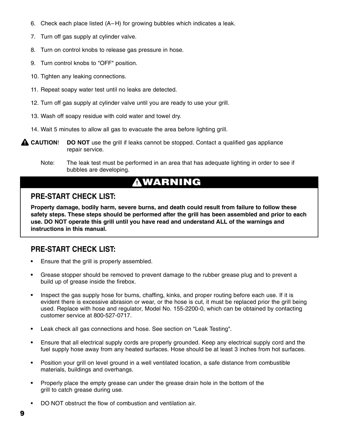 Brinkmann Portable Tailgate Gas Grill owner manual PRE-START Check List 