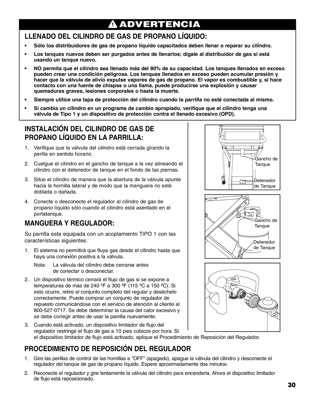 Brinkmann Portable Tailgate Gas Grill owner manual Llenado DEL Cilindro DE GAS DE Propano Líquido, Manguera Y Regulador 