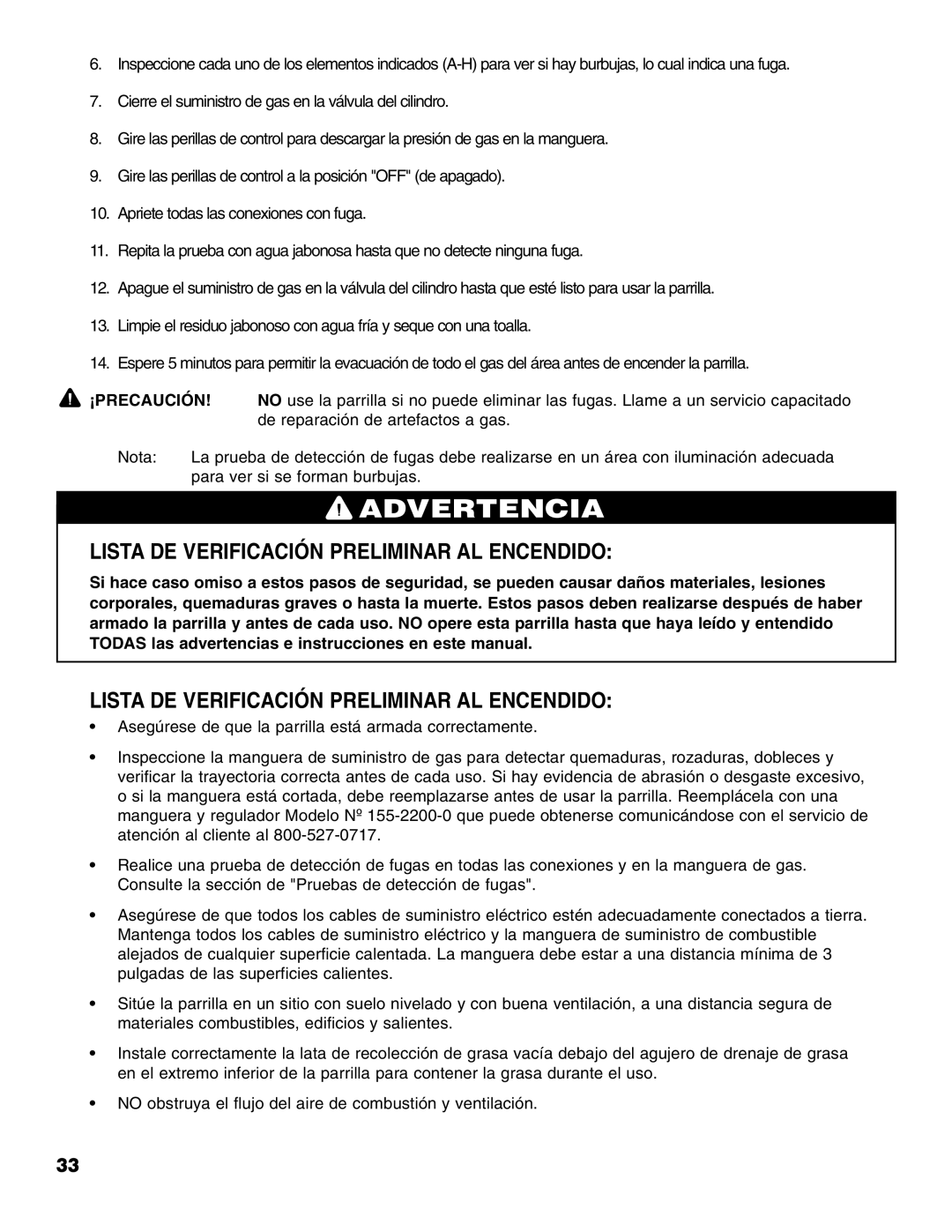 Brinkmann Portable Tailgate Gas Grill owner manual Lista DE Verificación Preliminar AL Encendido, ¡Precaución 