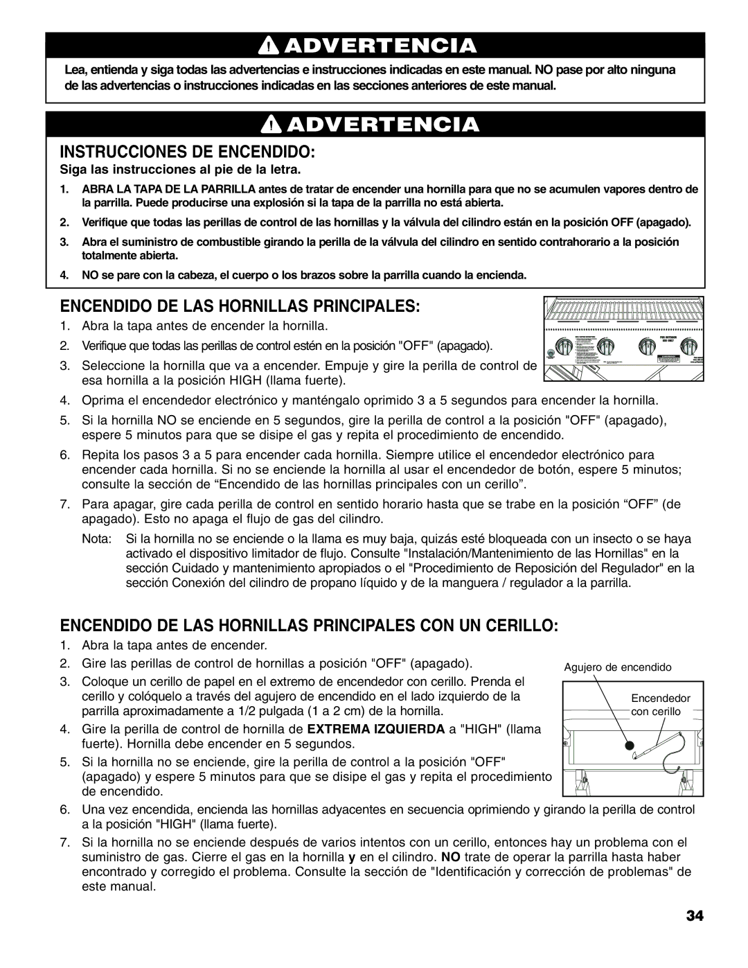 Brinkmann Portable Tailgate Gas Grill owner manual Instrucciones DE Encendido, Encendido DE LAS Hornillas Principales 