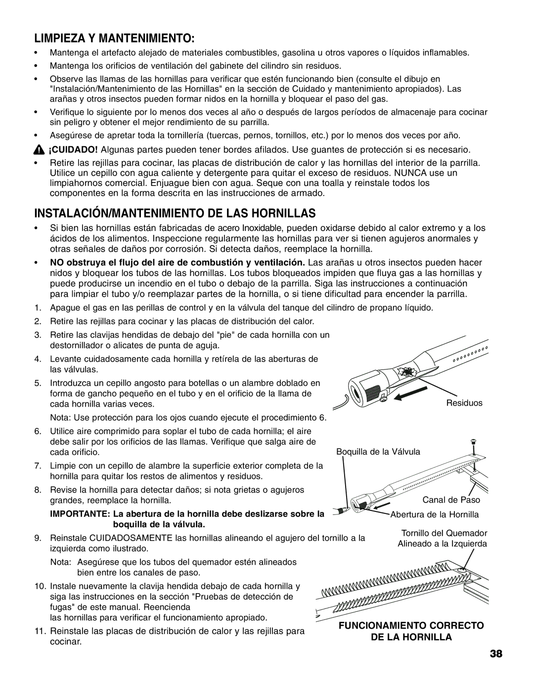 Brinkmann Portable Tailgate Gas Grill owner manual Limpieza Y Mantenimiento, INSTALACIÓN/MANTENIMIENTO DE LAS Hornillas 