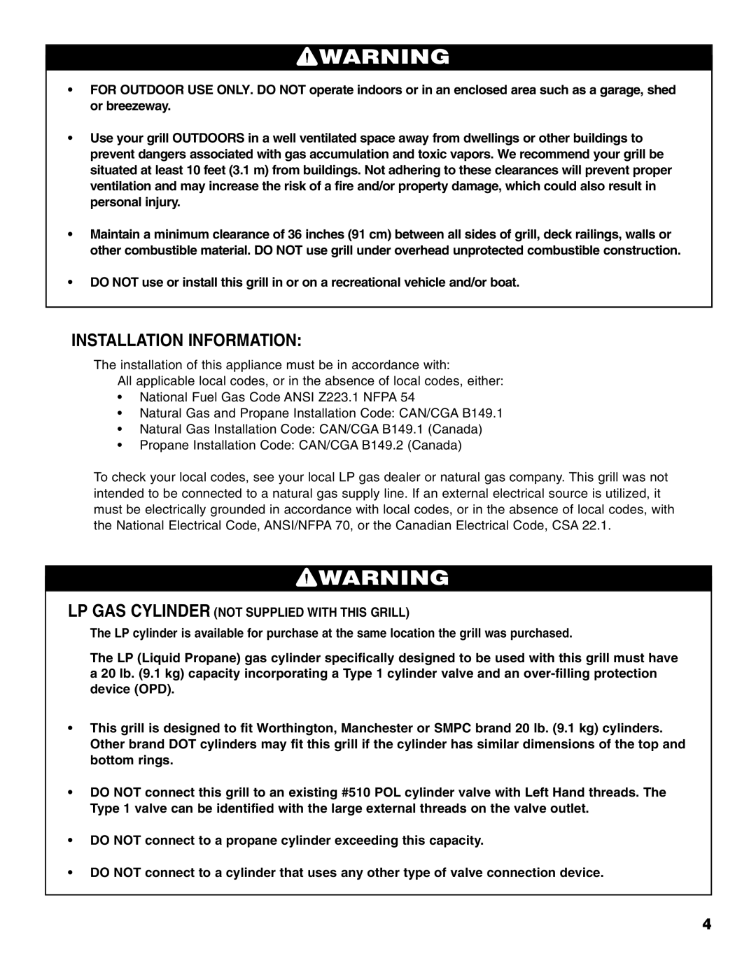 Brinkmann Portable Tailgate Gas Grill owner manual Installation Information, LP GAS Cylinder not Supplied with this Grill 