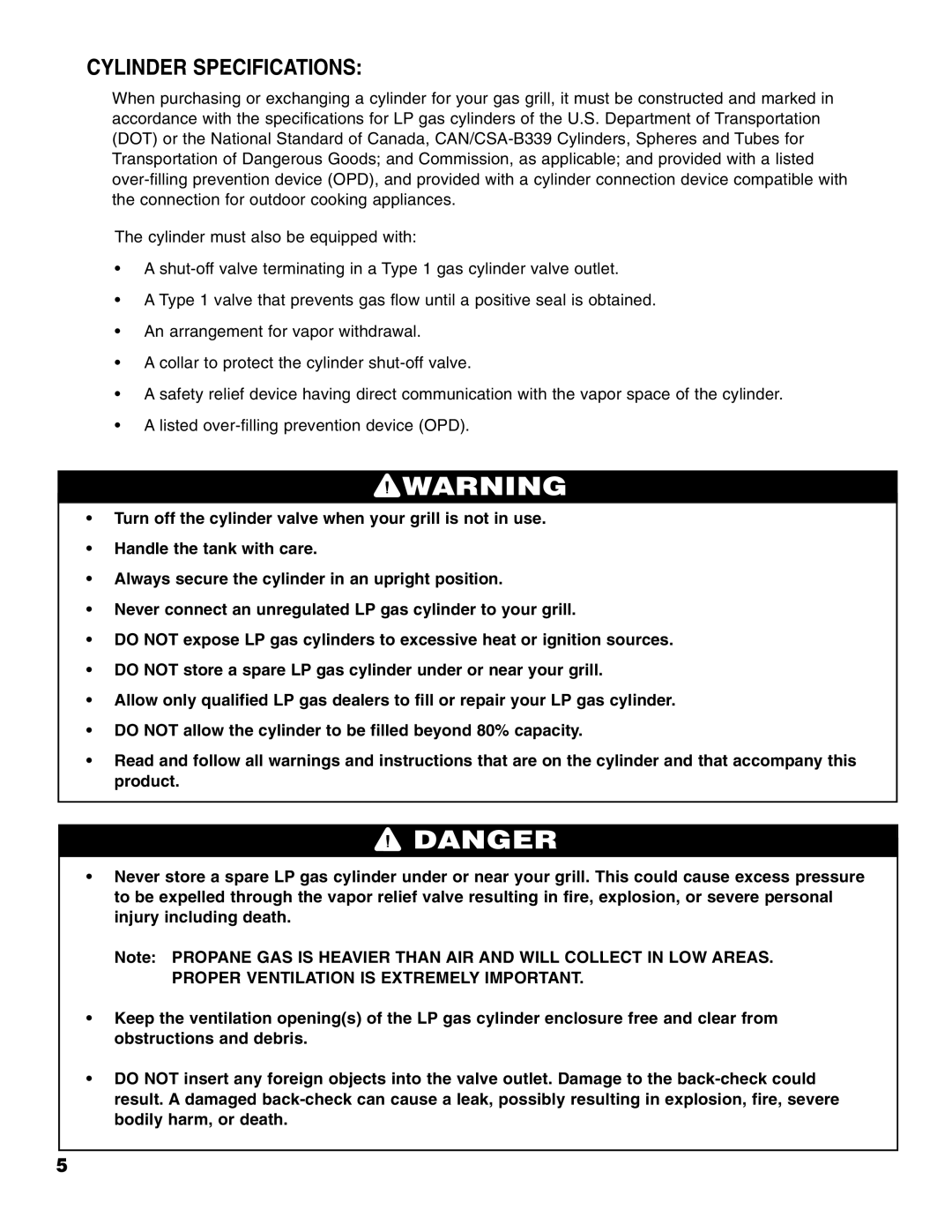 Brinkmann Portable Tailgate Gas Grill owner manual Cylinder Specifications 