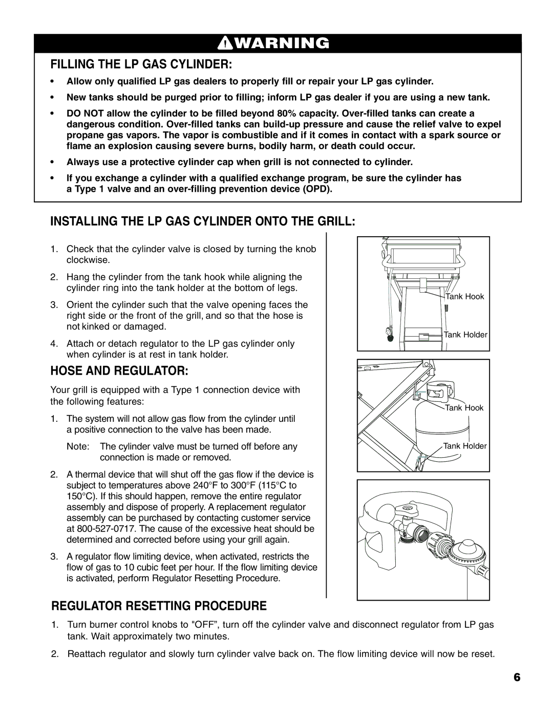 Brinkmann Portable Tailgate Gas Grill Filling the LP GAS Cylinder, Installing the LP GAS Cylinder Onto the Grill 