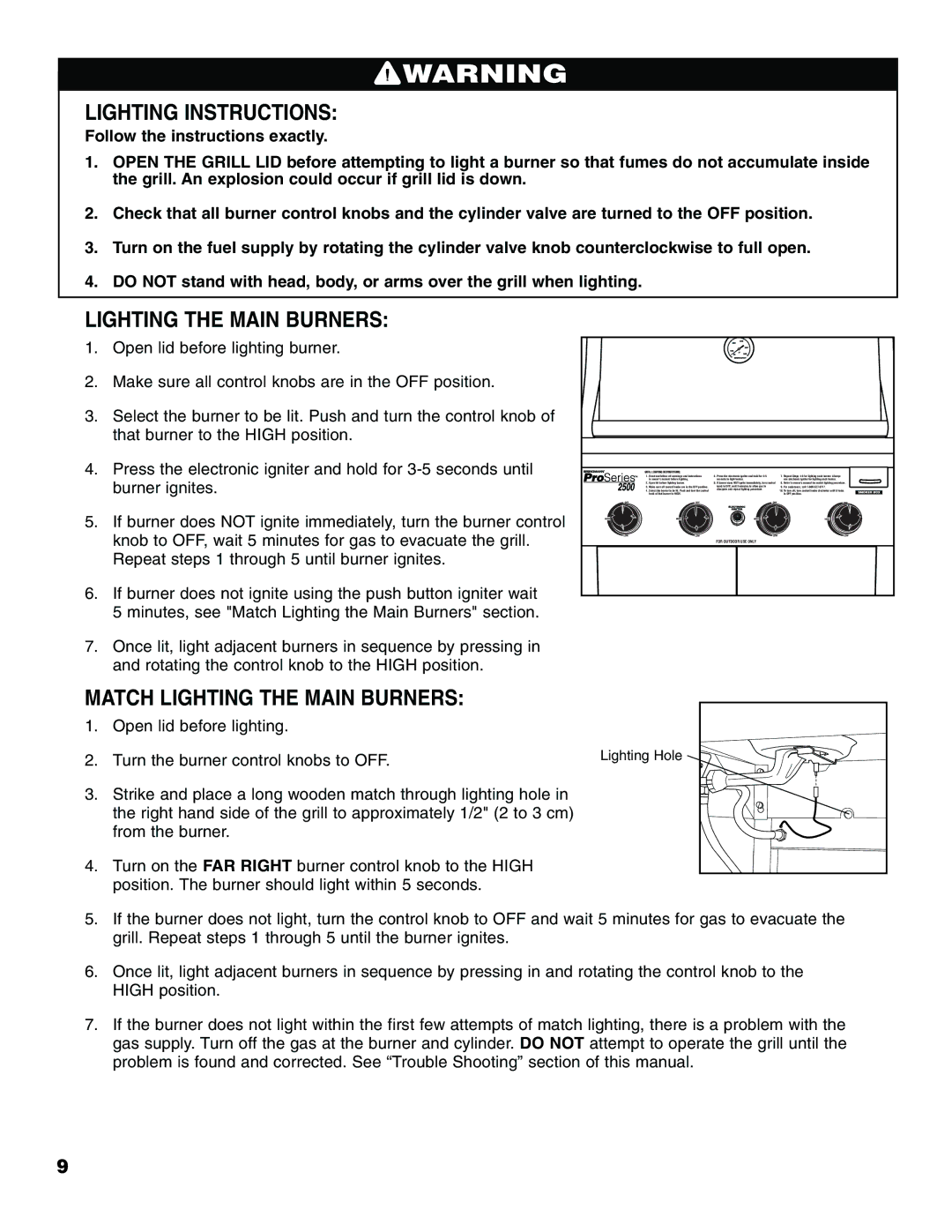 Brinkmann Pro Series 2500 owner manual Lighting Instructions, Match Lighting the Main Burners 