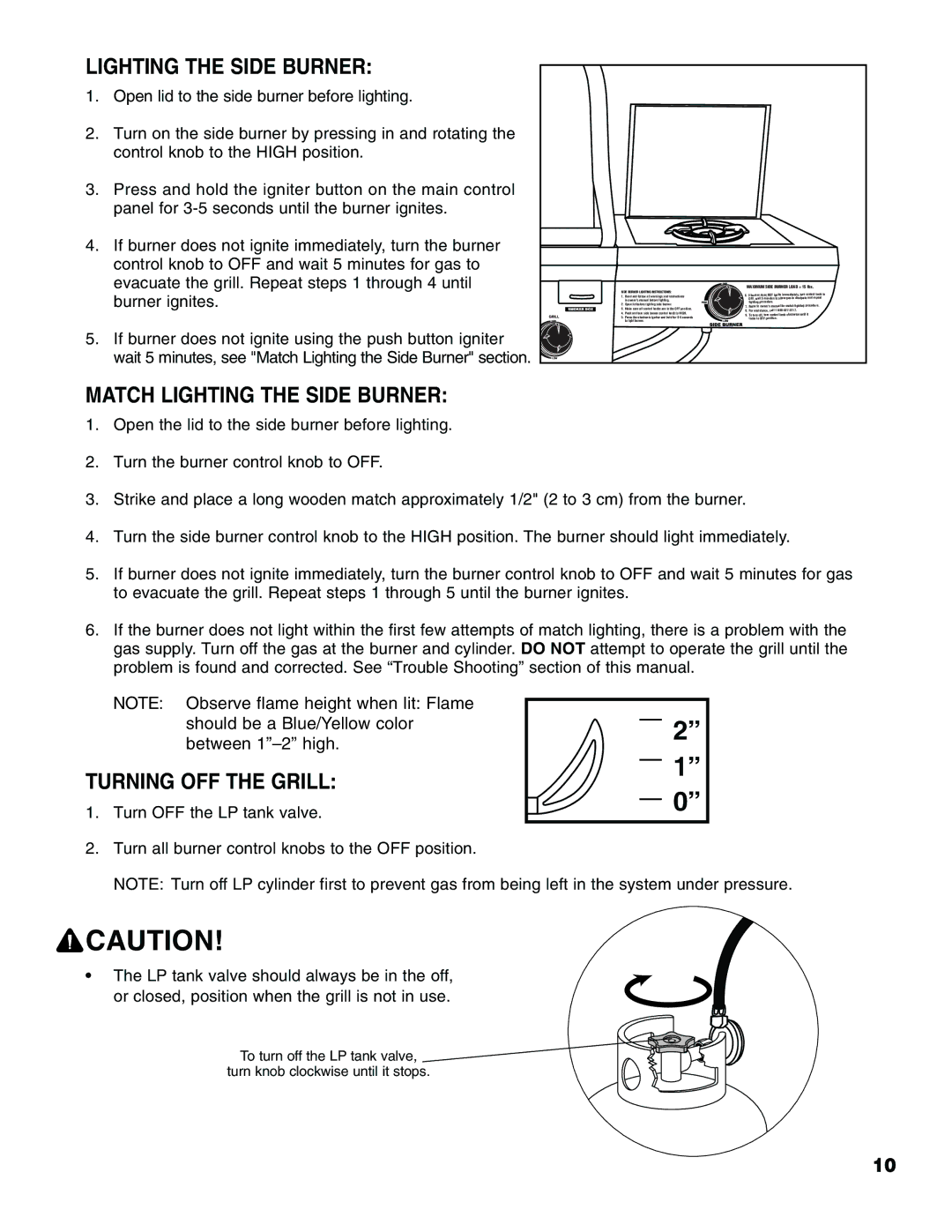 Brinkmann Pro Series 2500 owner manual Match Lighting the Side Burner, Turning OFF the Grill 