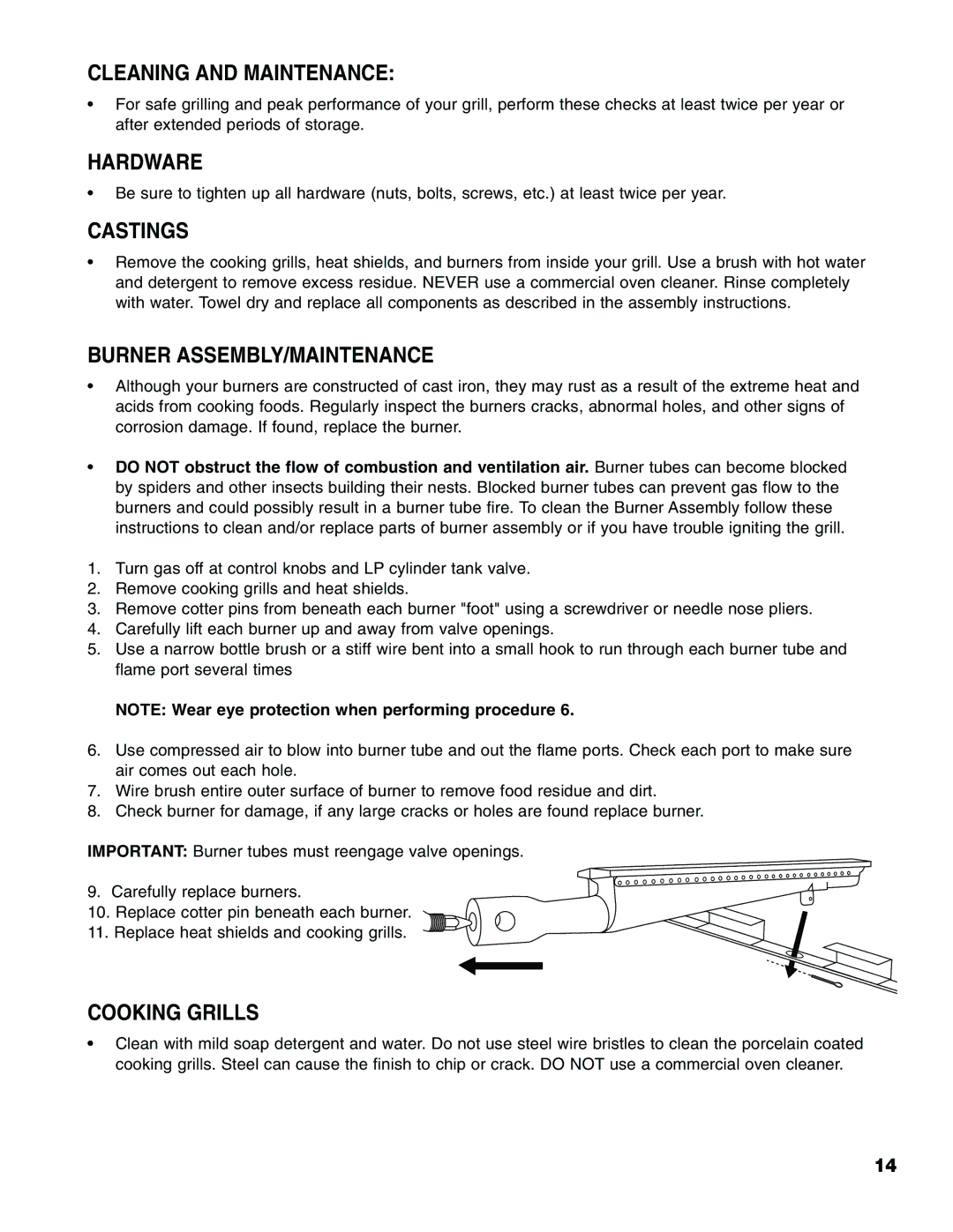 Brinkmann Pro Series 2500 Cleaning and Maintenance, Hardware, Castings, Burner ASSEMBLY/MAINTENANCE, Cooking Grills 