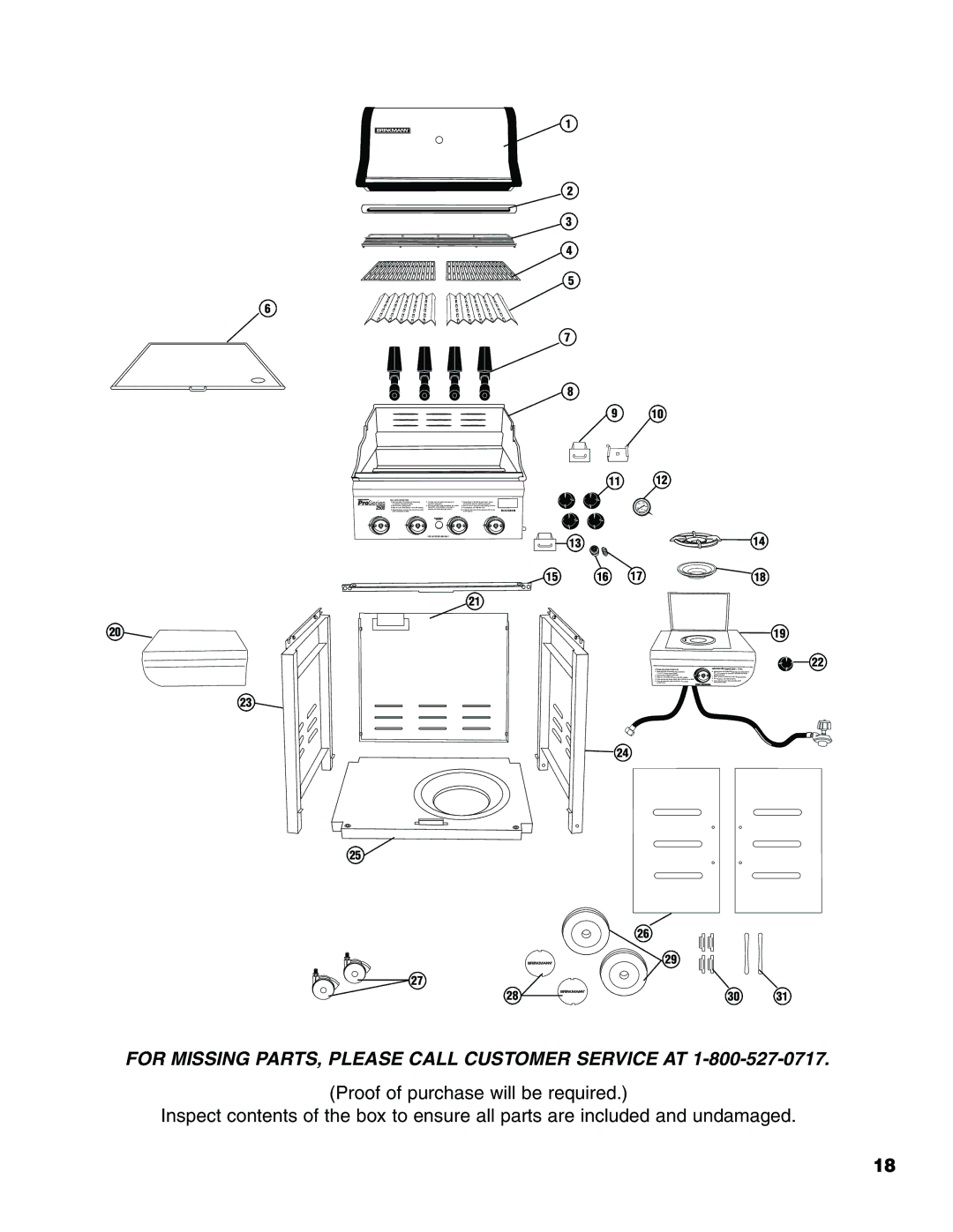 Brinkmann Pro Series 2500 owner manual For Missing PARTS, Please Call Customer Service AT 