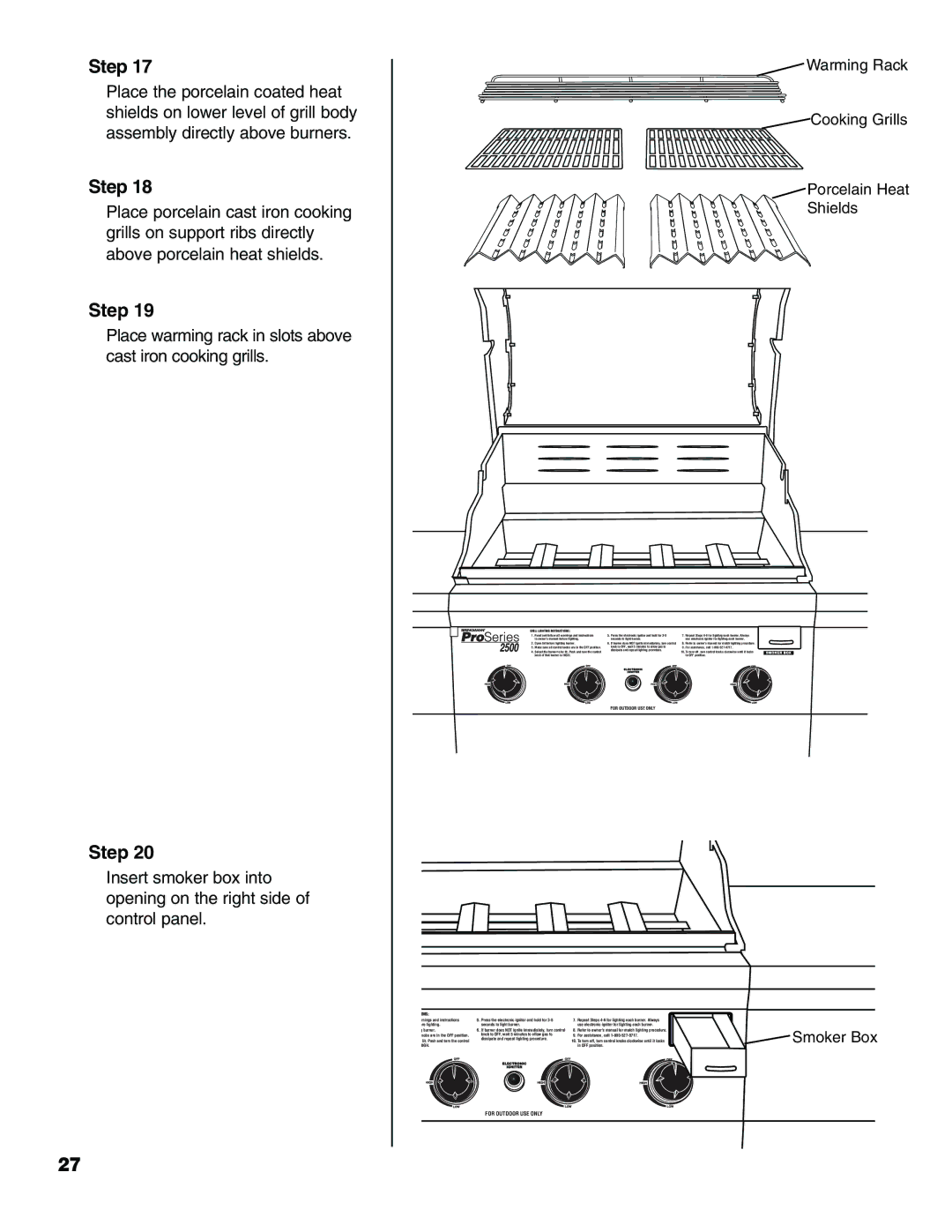 Brinkmann Pro Series 2500 owner manual Place warming rack in slots above cast iron cooking grills 