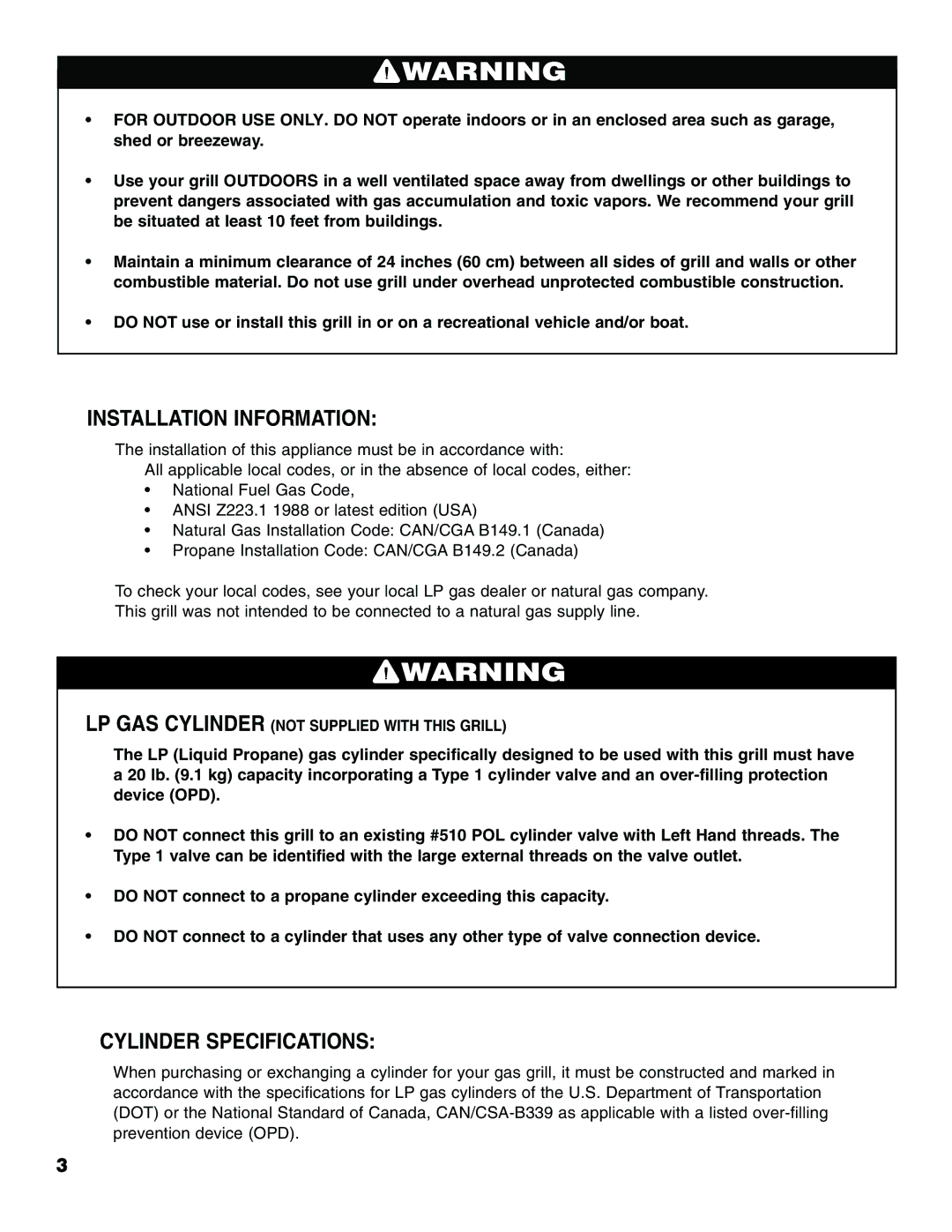 Brinkmann Pro Series 2500 owner manual Installation Information, Cylinder Specifications 