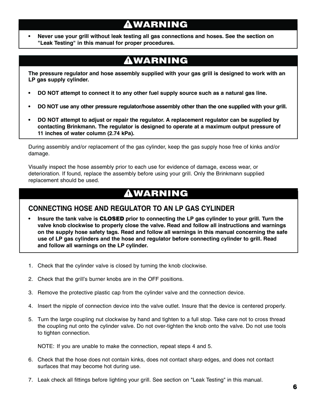 Brinkmann Pro Series 2500 owner manual Connecting Hose and Regulator to AN LP GAS Cylinder 