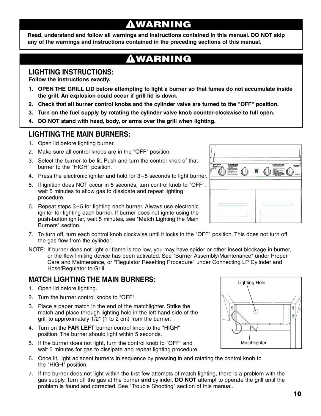 Brinkmann Pro Series 6418 owner manual Lighting Instructions, Match Lighting the Main Burners 