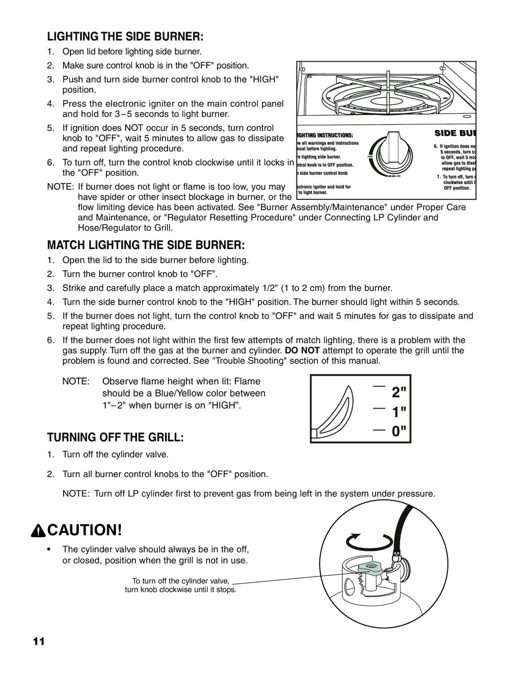 Brinkmann Pro Series 6418 owner manual Match Lighting the Side Burner, Turning OFF the Grill 