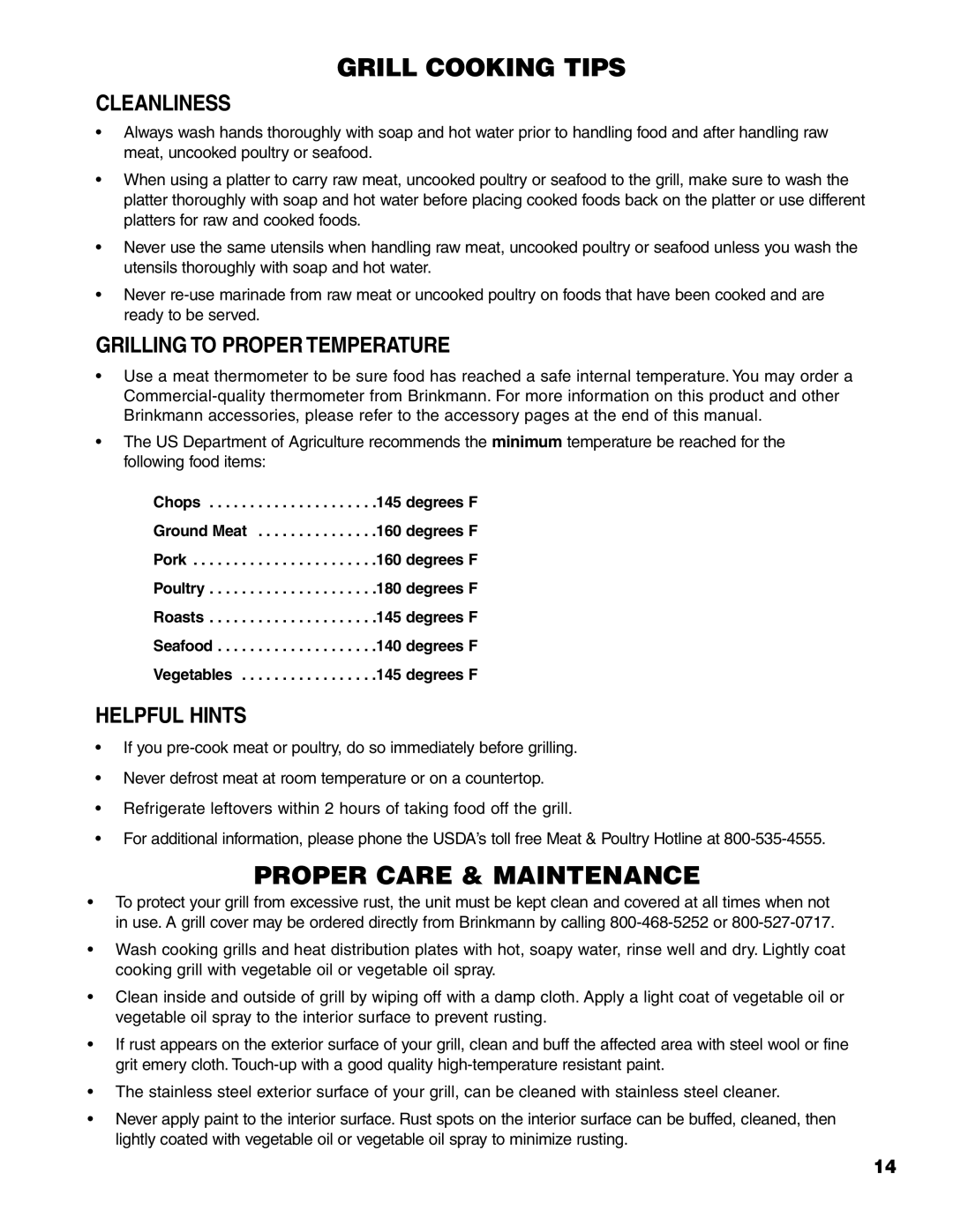 Brinkmann Pro Series 6418 owner manual Cleanliness, Grilling to Proper Temperature, Helpful Hints 