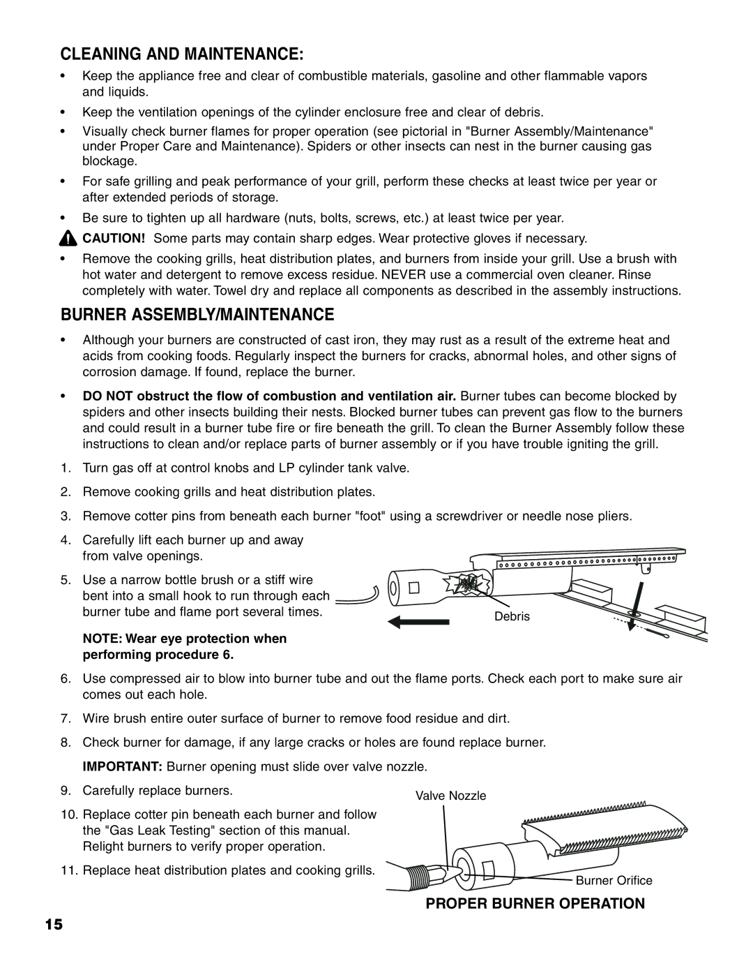 Brinkmann Pro Series 6418 owner manual Cleaning and Maintenance, Burner ASSEMBLY/MAINTENANCE 