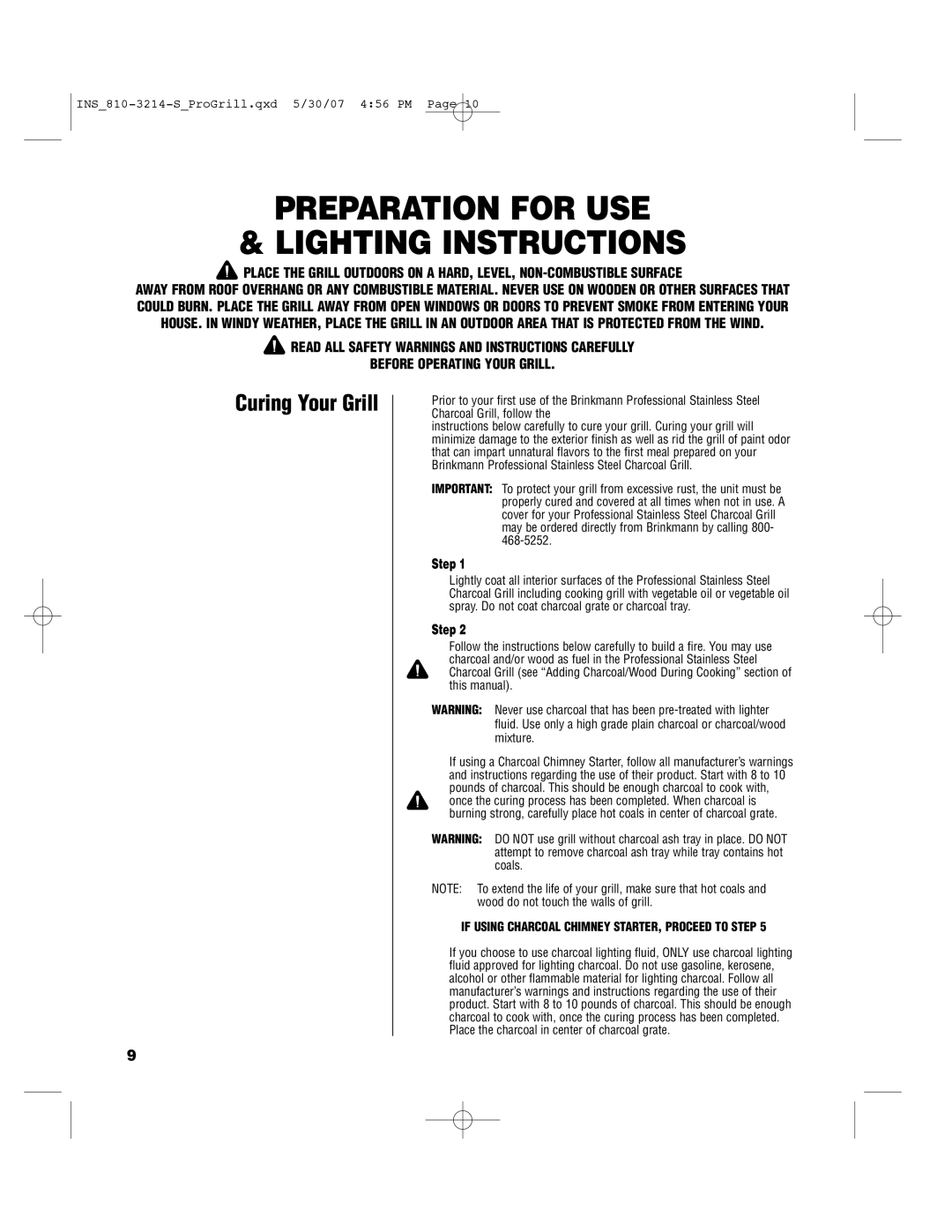 Brinkmann PROFESSIONAL STAINLESS STEEL Charcoal Grill Preparation for USE Lighting Instructions, Curing Your Grill 