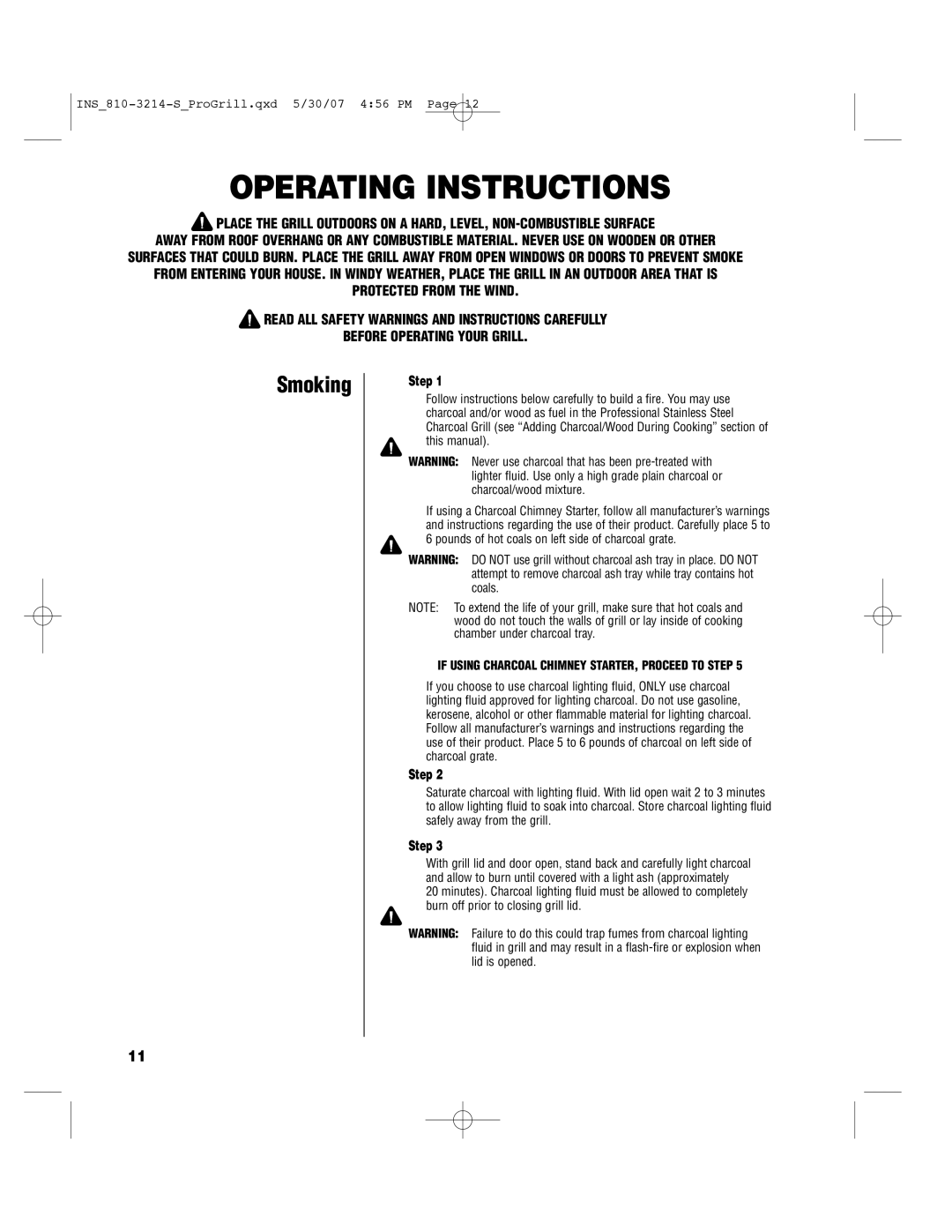 Brinkmann PROFESSIONAL STAINLESS STEEL Charcoal Grill owner manual Operating Instructions, Smoking 