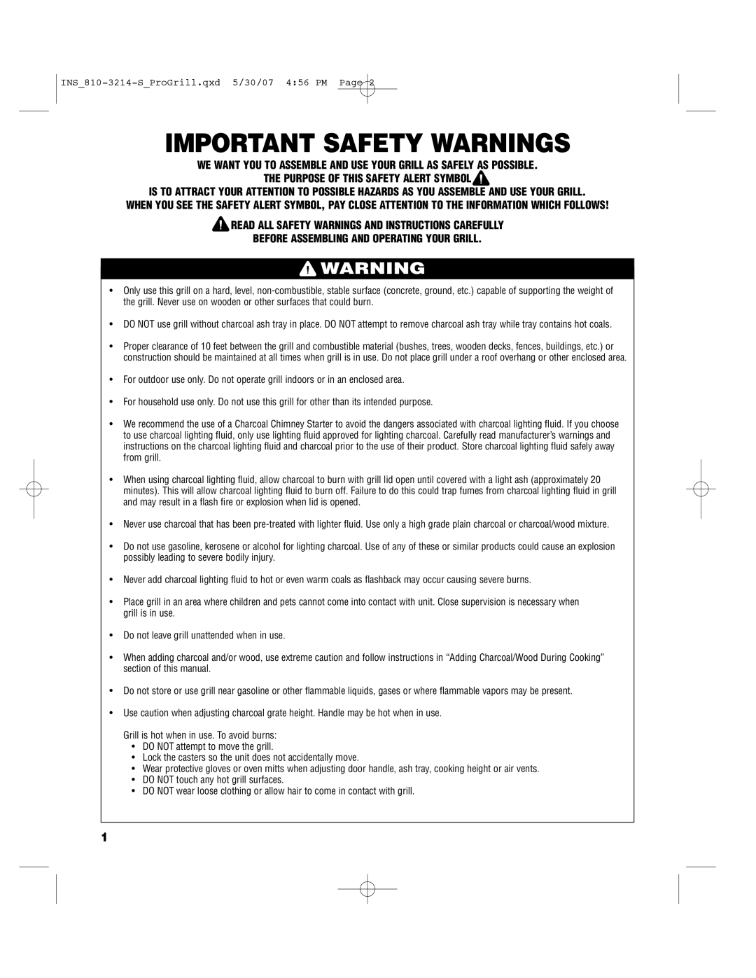 Brinkmann PROFESSIONAL STAINLESS STEEL Charcoal Grill owner manual Important Safety Warnings 