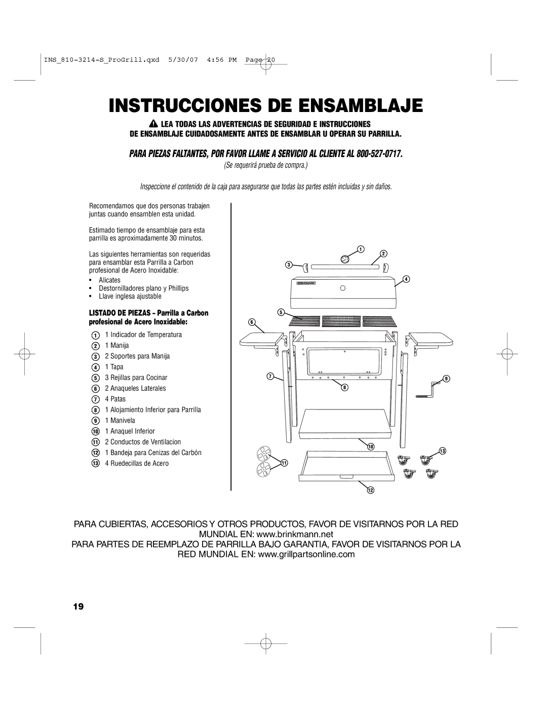 Brinkmann PROFESSIONAL STAINLESS STEEL Charcoal Grill owner manual Instrucciones DE Ensamblaje 