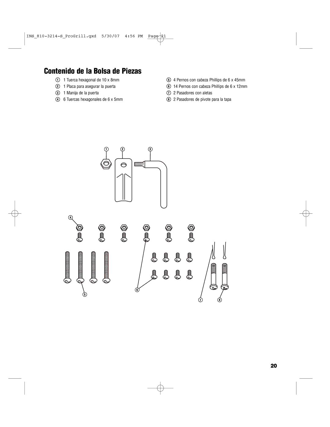 Brinkmann PROFESSIONAL STAINLESS STEEL Charcoal Grill owner manual Contenido de la Bolsa de Piezas 