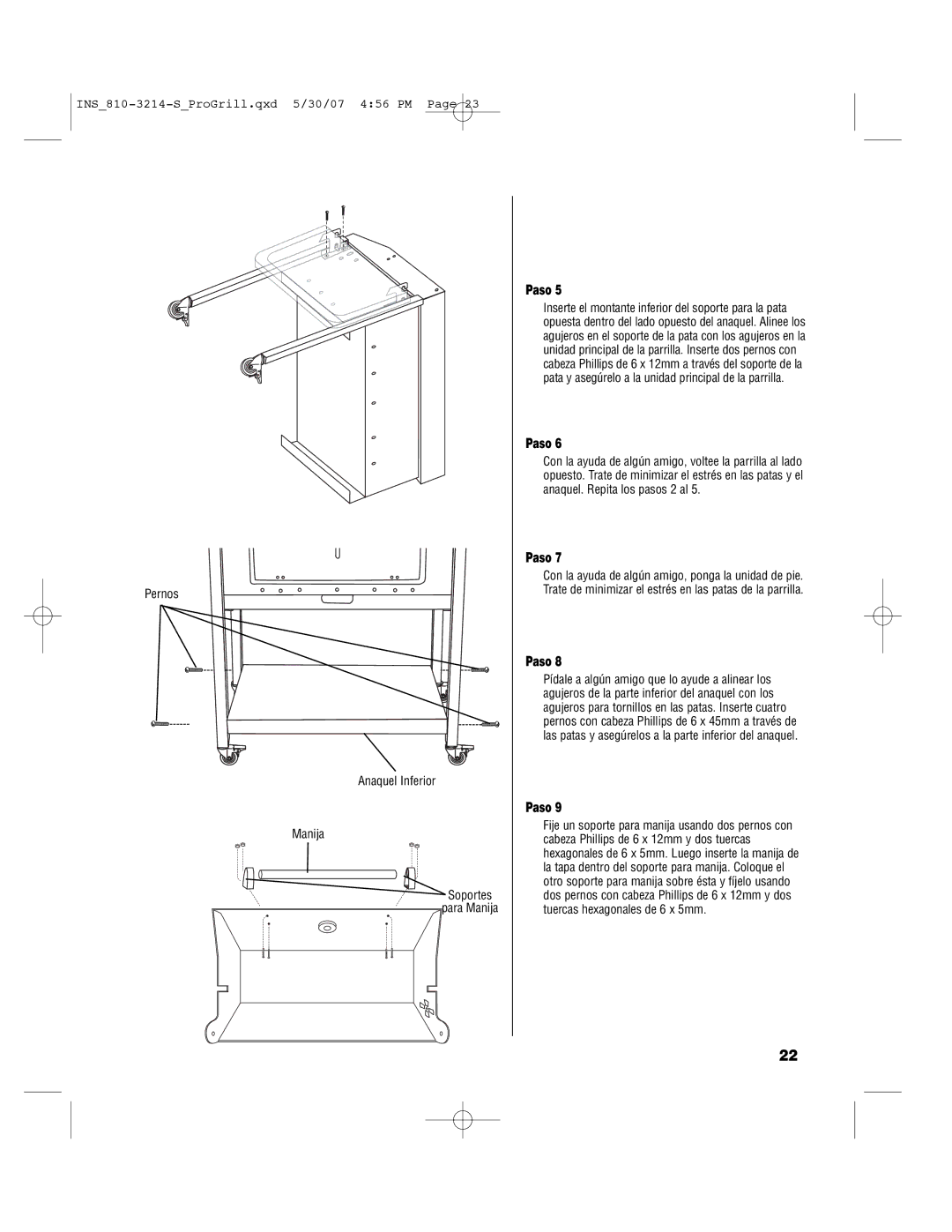 Brinkmann PROFESSIONAL STAINLESS STEEL Charcoal Grill owner manual Pernos Anaquel Inferior Manija 