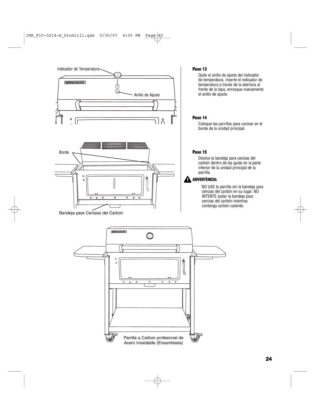 Brinkmann PROFESSIONAL STAINLESS STEEL Charcoal Grill owner manual Advertencia 