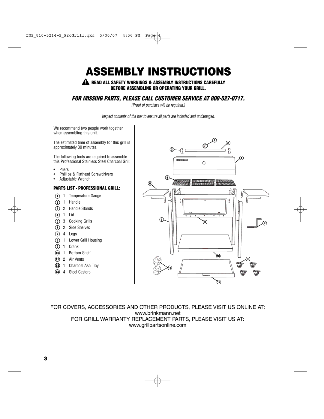 Brinkmann PROFESSIONAL STAINLESS STEEL Charcoal Grill owner manual Assembly Instructions 