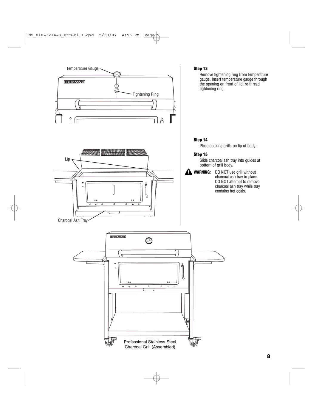 Brinkmann PROFESSIONAL STAINLESS STEEL Charcoal Grill owner manual Temperature Gauge Tightening Ring Lip Charcoal Ash Tray 
