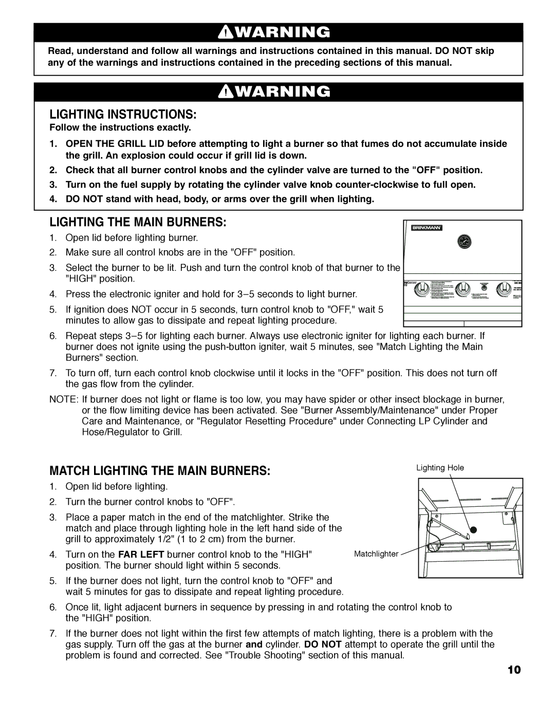 Brinkmann ProSeries 2310 owner manual Lighting Instructions, Match Lighting the Main Burners 