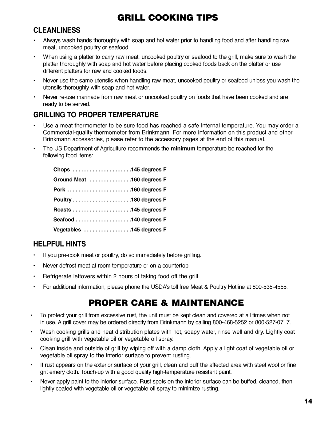 Brinkmann ProSeries 2310 owner manual Cleanliness, Grilling to Proper Temperature, Helpful Hints 