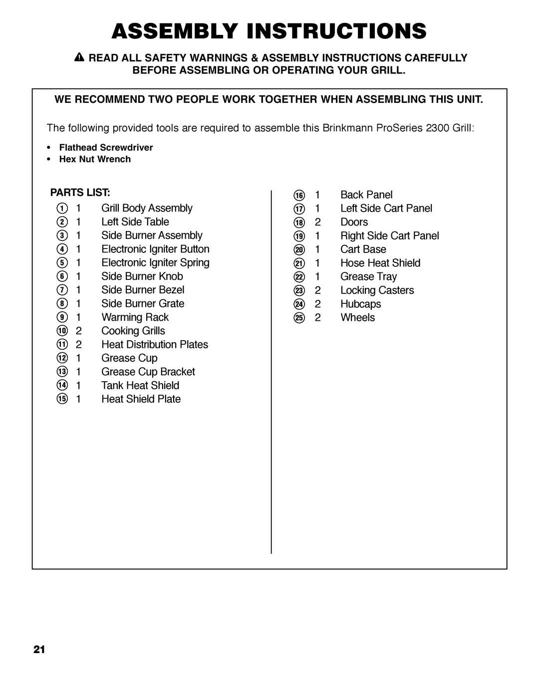 Brinkmann ProSeries 2310 owner manual Assembly Instructions 