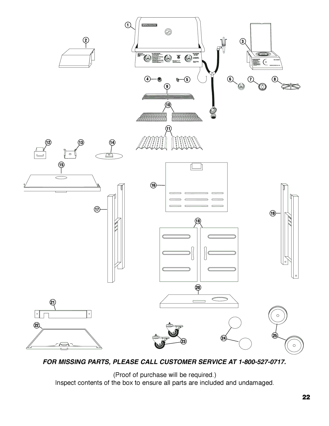 Brinkmann ProSeries 2310 owner manual For Missing PARTS, Please Call Customer Service AT 