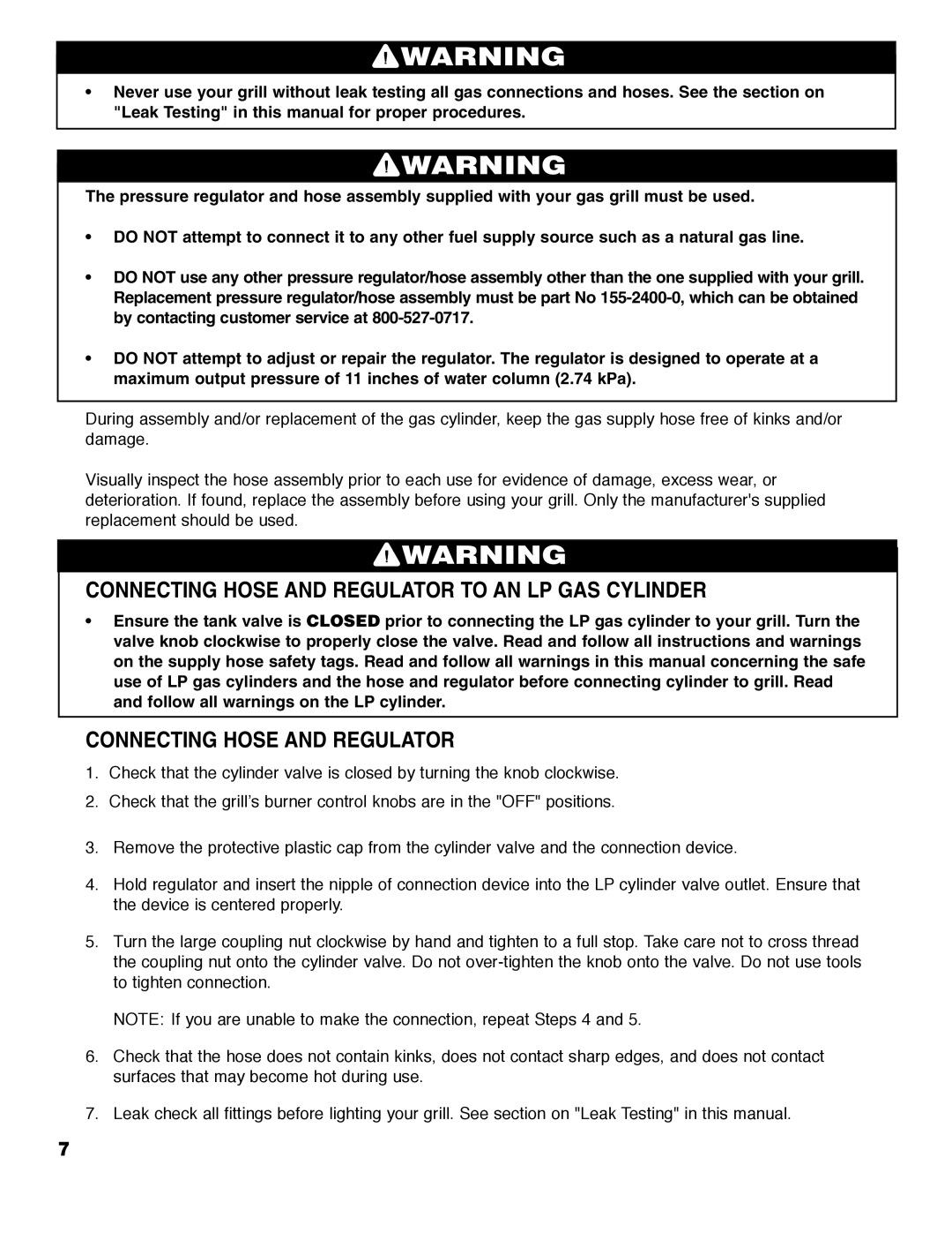 Brinkmann ProSeries 2310 owner manual Connecting Hose and Regulator to AN LP GAS Cylinder 