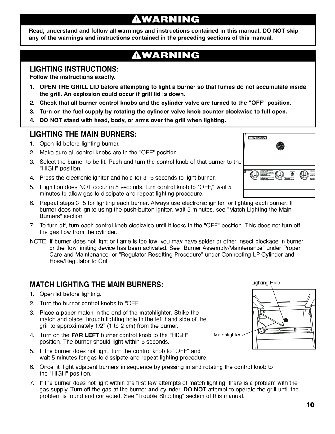 Brinkmann ProSeries 2310 owner manual Lighting Instructions, Match Lighting The Main Burners 