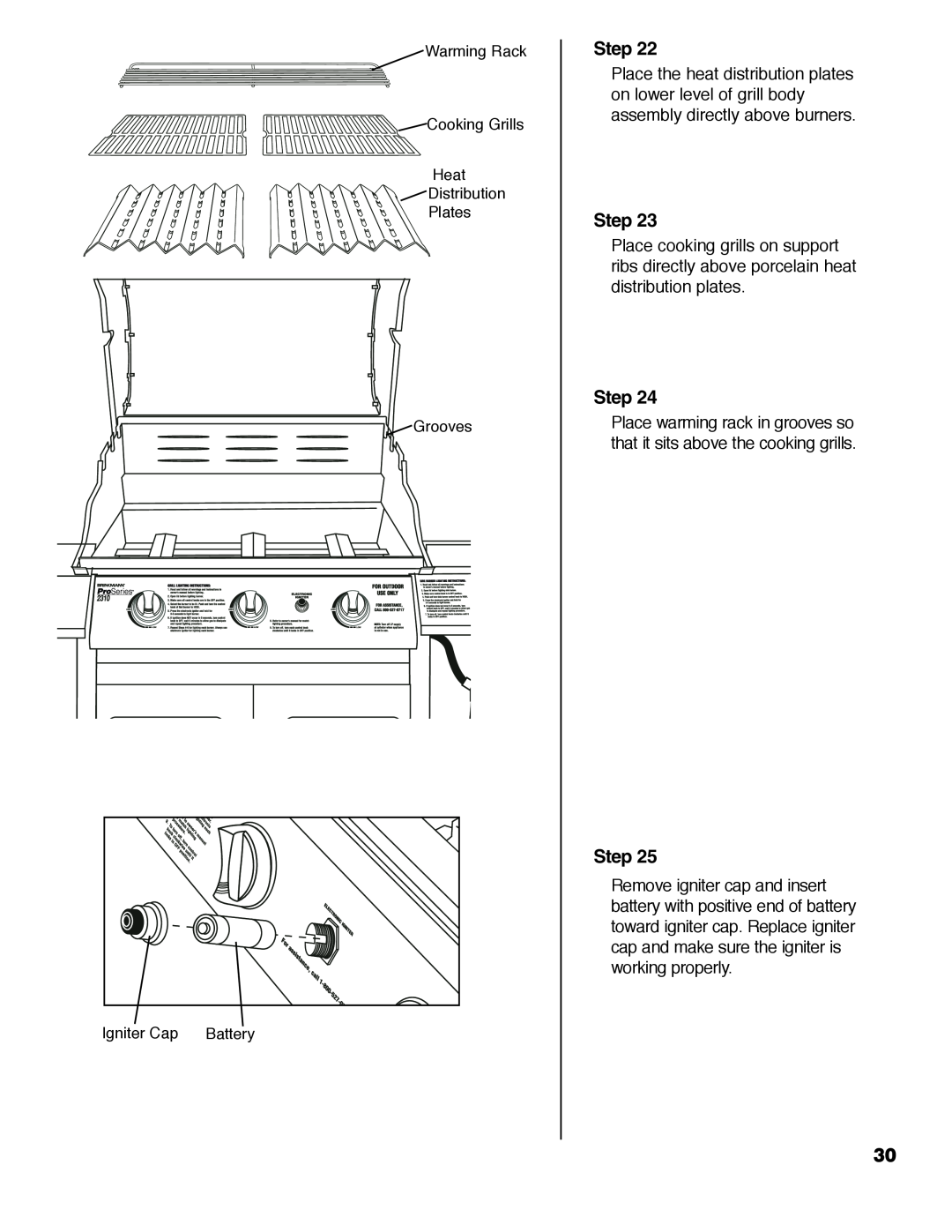 Brinkmann ProSeries 2310 Step, Place the heat distribution plates, on lower level of grill body, working properly 