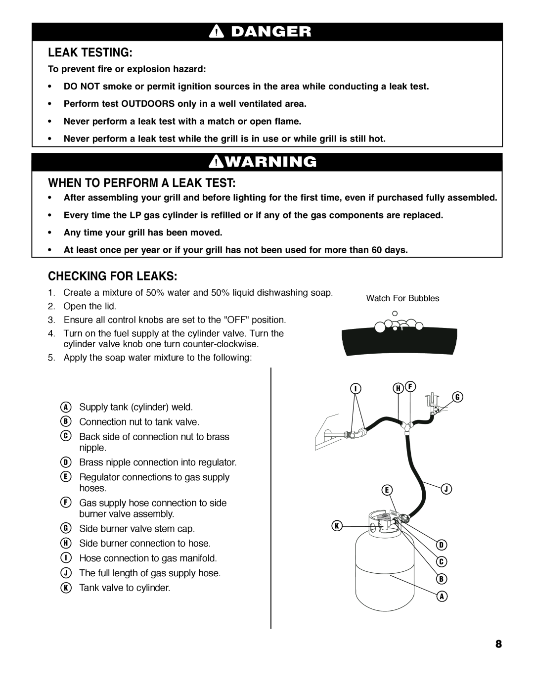 Brinkmann ProSeries 2310 owner manual Leak Testing, When To Perform A Leak Test, Checking For Leaks, Danger 