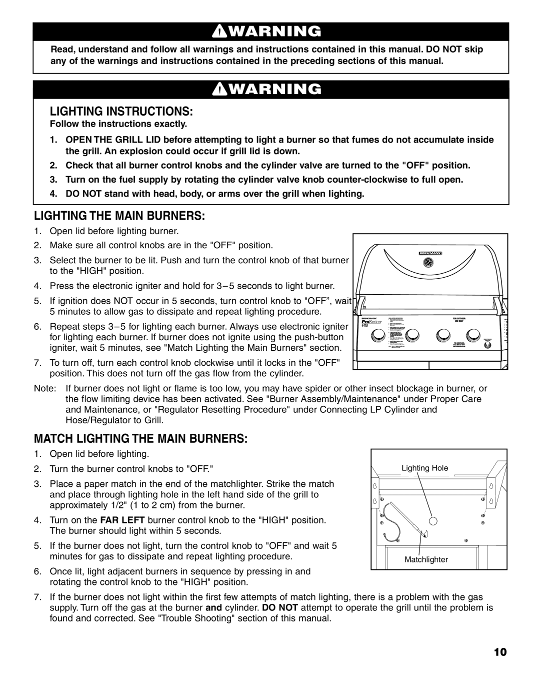 Brinkmann ProSeries 4415 owner manual Lighting Instructions, Match Lighting the Main Burners 