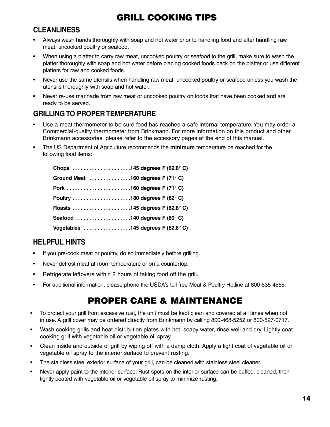 Brinkmann ProSeries 4415 owner manual Cleanliness, Grilling to Proper Temperature, Helpful Hints 