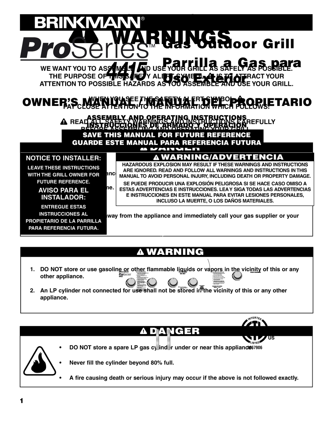 Brinkmann ProSeries 4415 owner manual Important Safety 