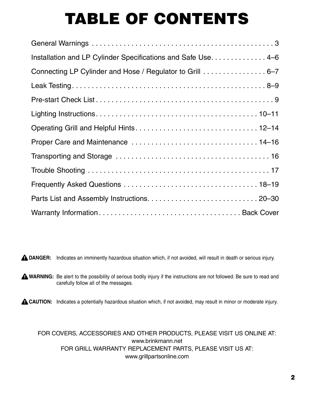 Brinkmann ProSeries 4415 owner manual Table of Contents 