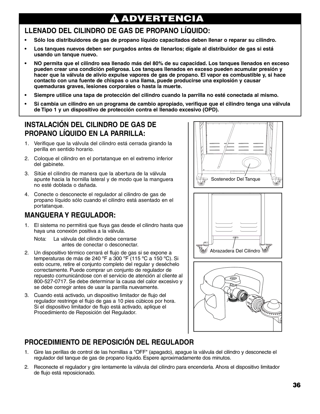 Brinkmann ProSeries 4415 owner manual Llenado DEL Cilindro DE GAS DE Propano Líquido, Manguera Y Regulador 