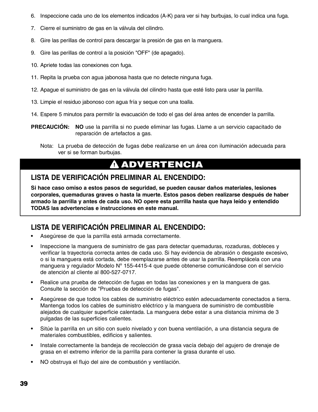 Brinkmann ProSeries 4415 owner manual Lista DE Verificación Preliminar AL Encendido 