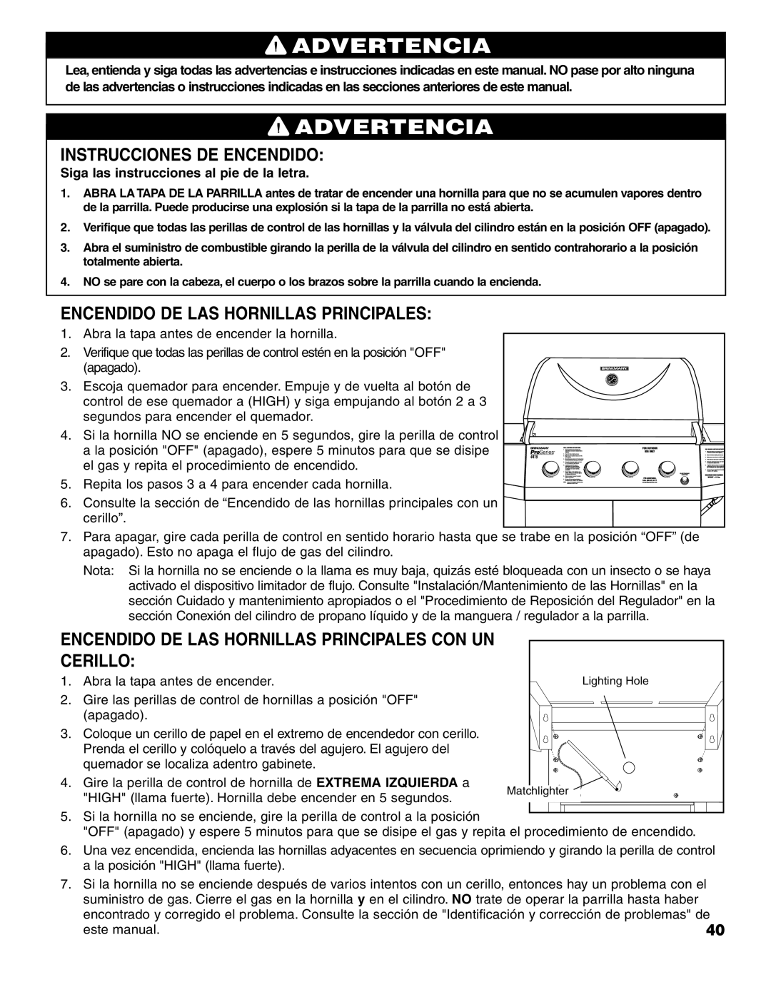 Brinkmann ProSeries 4415 owner manual Instrucciones DE Encendido, Encendido DE LAS Hornillas Principales 