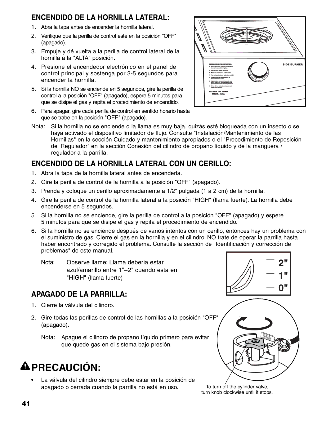 Brinkmann ProSeries 4415 owner manual Encendido DE LA Hornilla Lateral CON UN Cerillo, Apagado DE LA Parrilla 