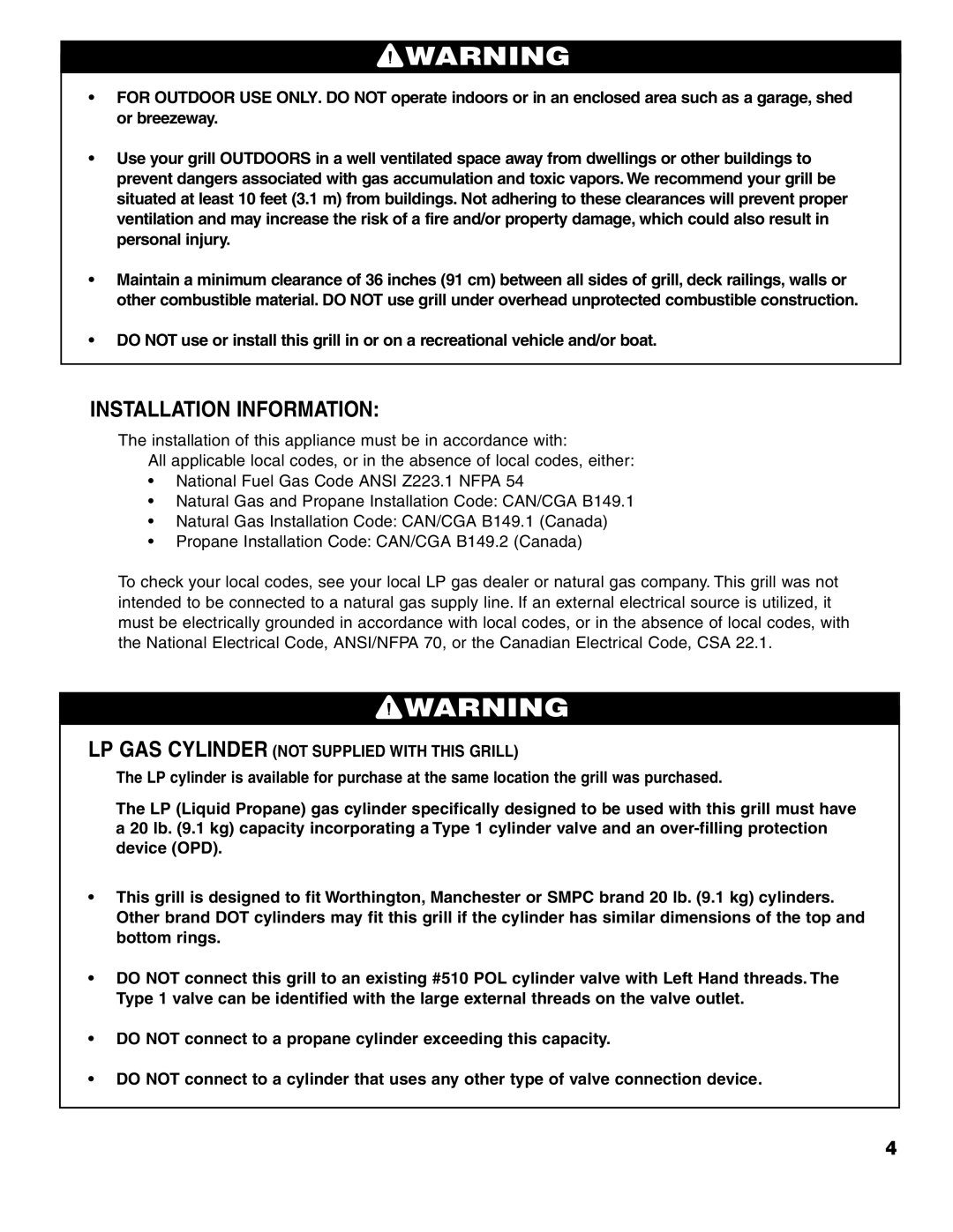 Brinkmann ProSeries 4415 owner manual Installation Information, LP GAS Cylinder not Supplied with this Grill 