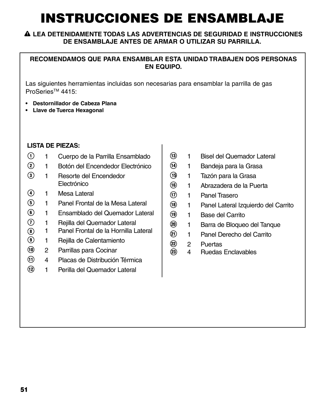 Brinkmann ProSeries 4415 owner manual Instrucciones DE Ensamblaje, Lista DE Piezas 