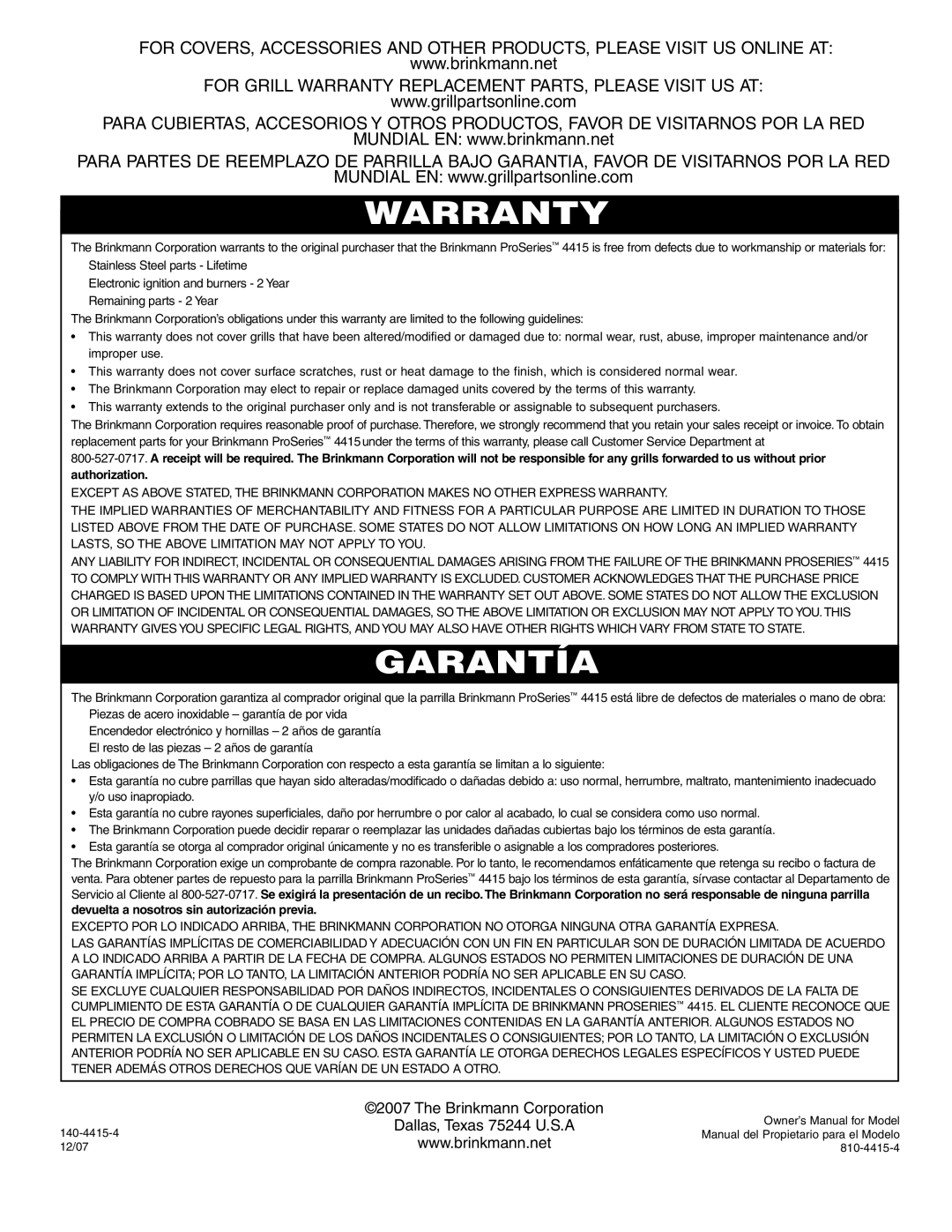 Brinkmann ProSeries 4415 owner manual Warranty 