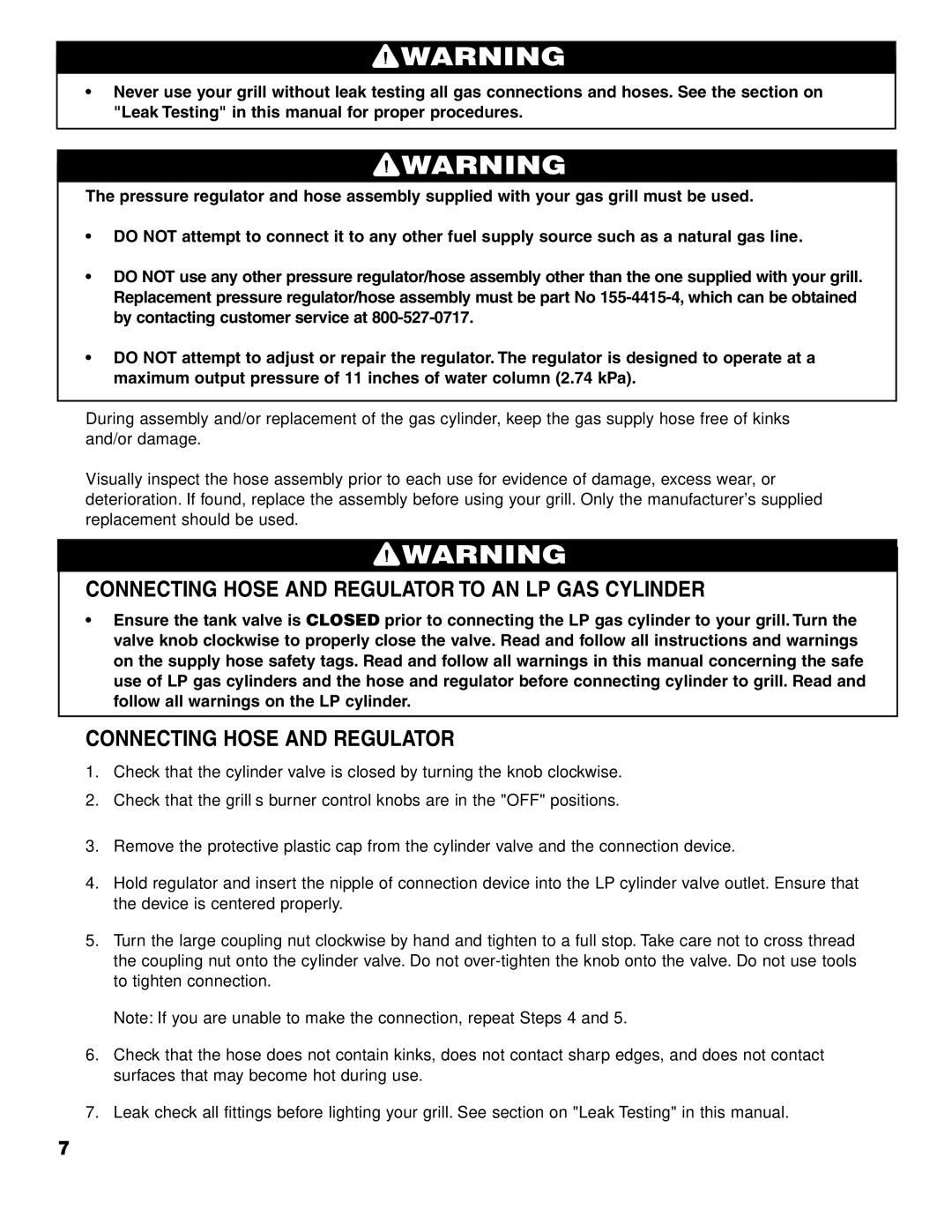 Brinkmann ProSeries 4415 owner manual Connecting Hose and Regulator to AN LP GAS Cylinder 