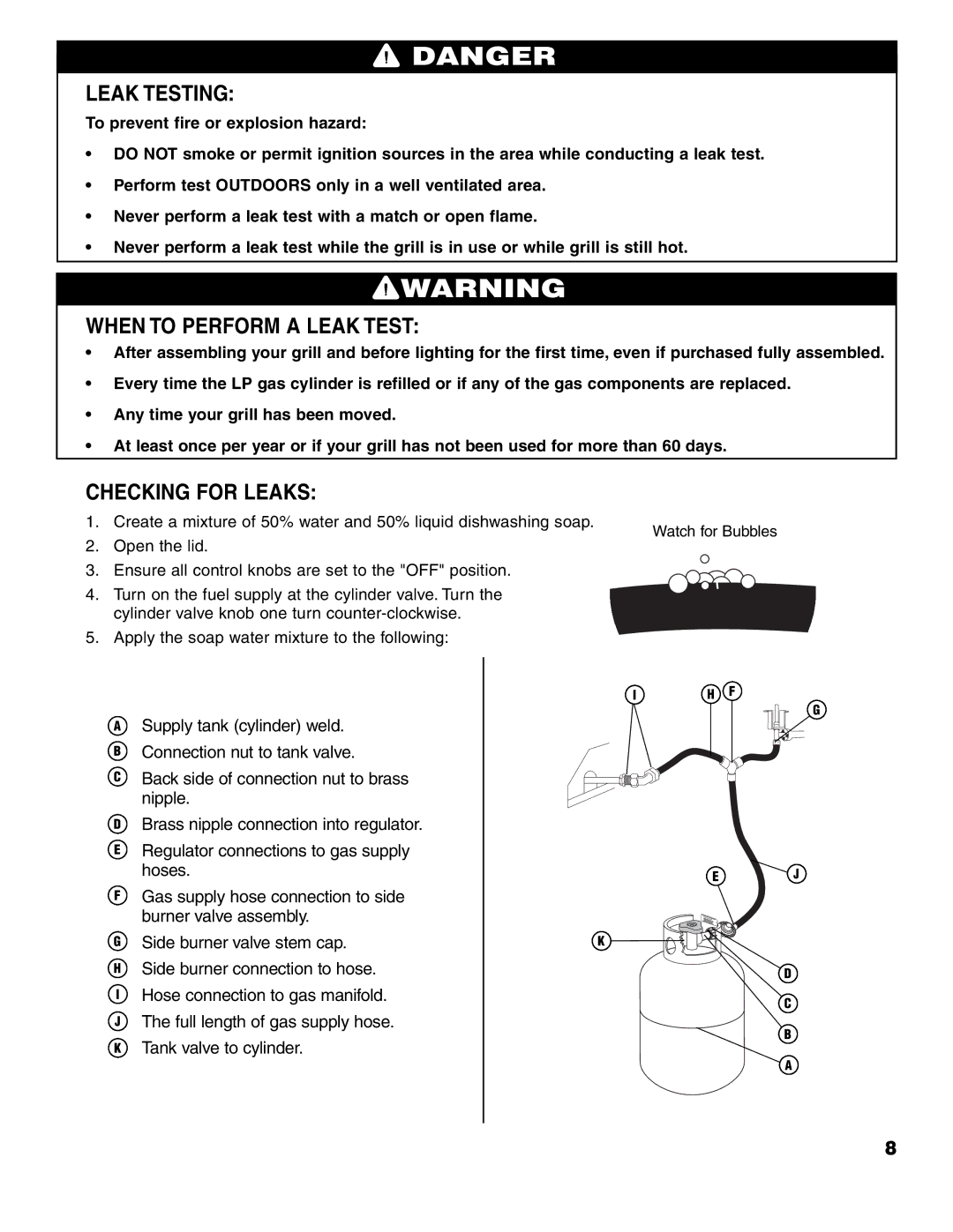 Brinkmann ProSeries 4415 owner manual Leak Testing, When to Perform a Leak Test, Checking for Leaks 